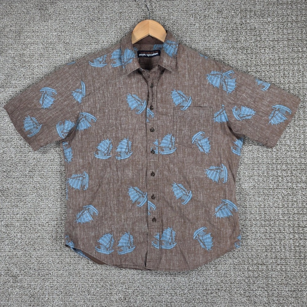 Reyn Spooner Mens Large Brown Blue Junk Boat Sailboat Cotton Button‎ Down Shirt